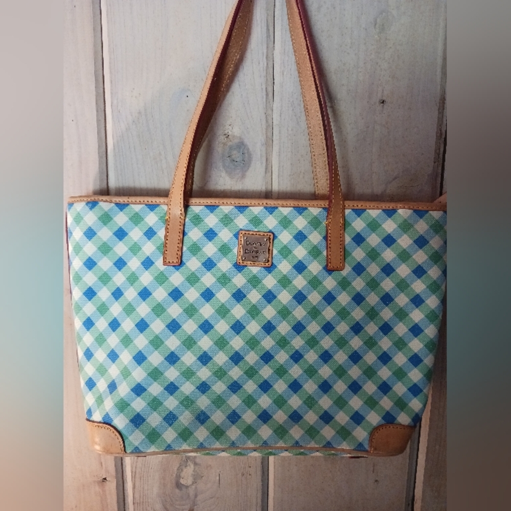 DOONEY AND BOURKE TOTE BAG CHECK/ PLAID AQUA/ GREEN/ WHITE